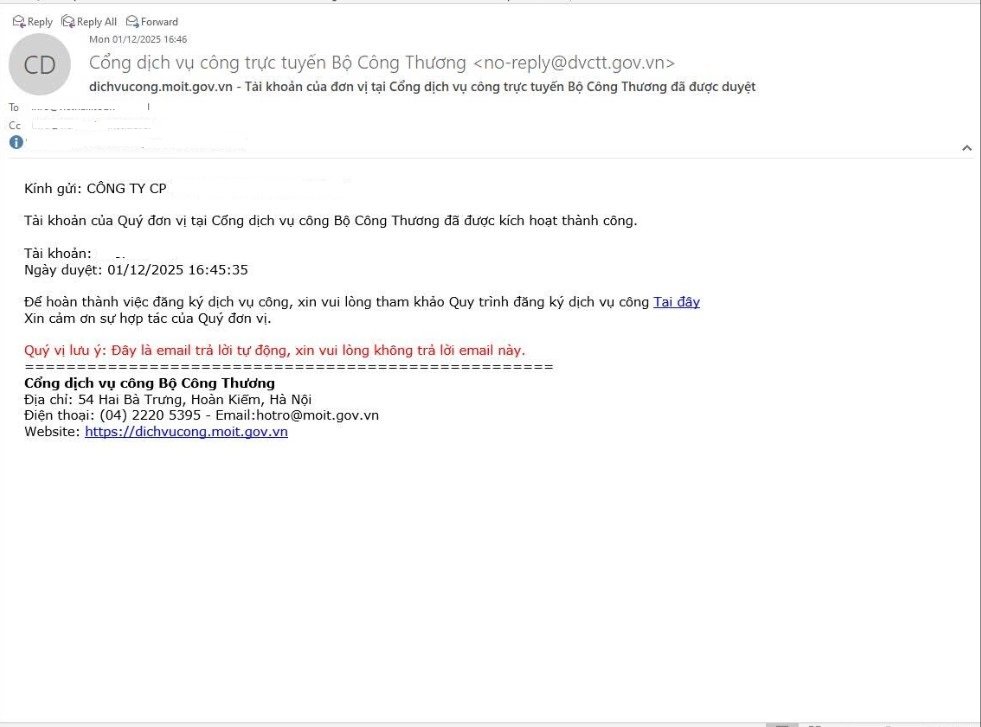 Email thông báo kích hoạt tài khoản thành công