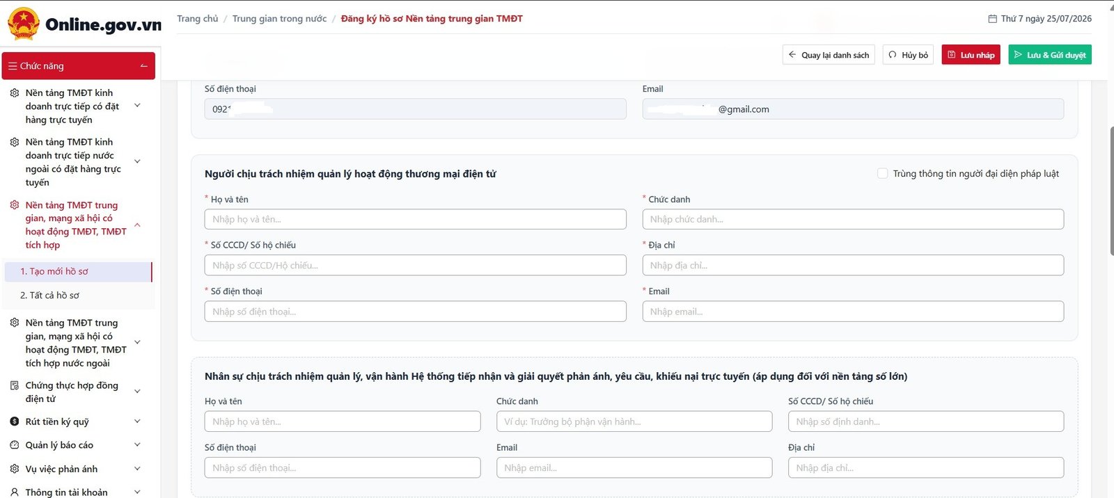 Form phần 1: thông tin chủ quản nền tảng