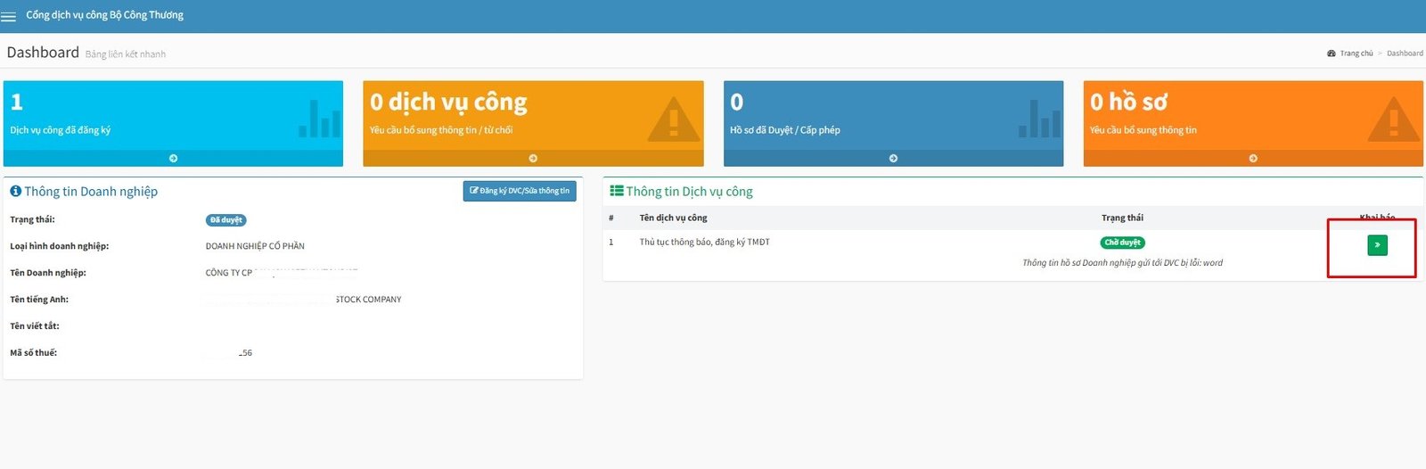 Liên kết sang hệ thống thông báo / đăng ký website với BCT