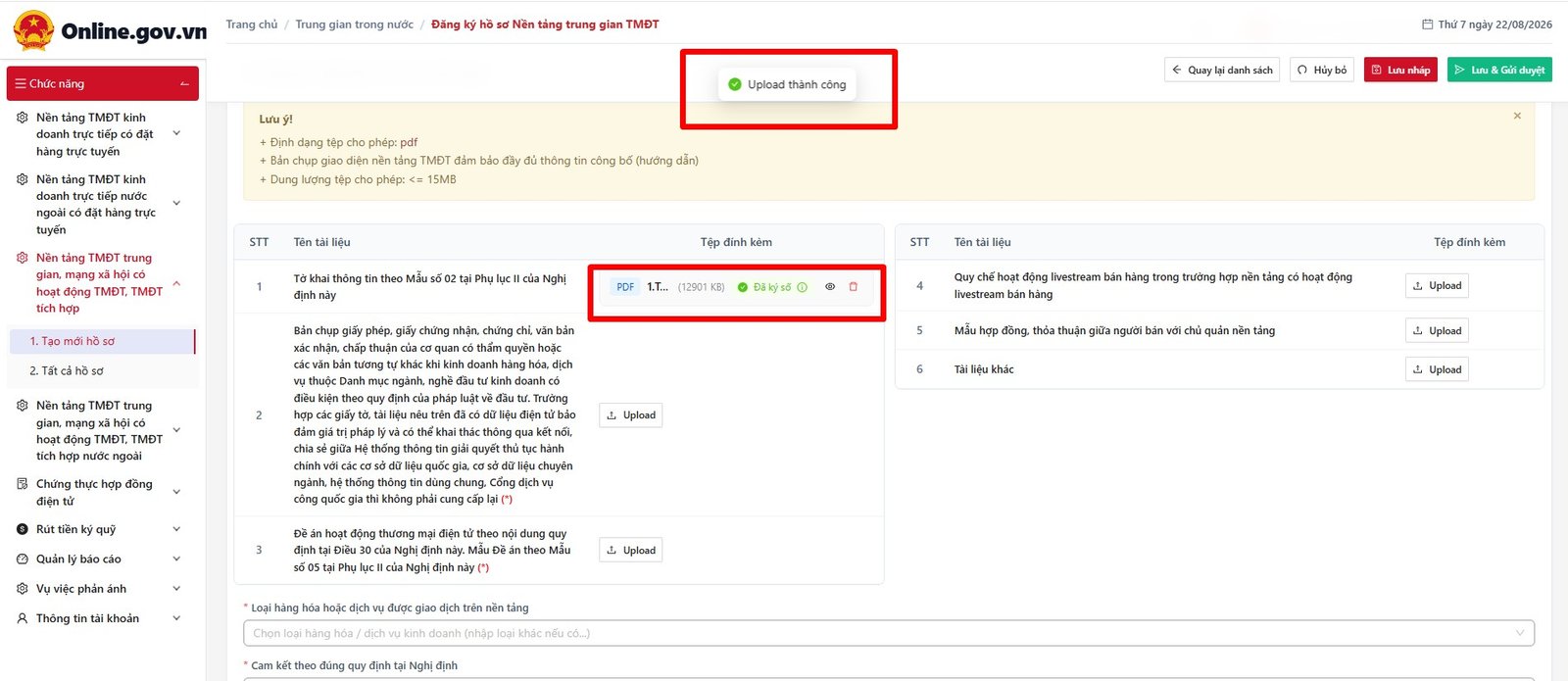 Upload tài liệu Đăng ký thành công – trạng thái Đã ký số