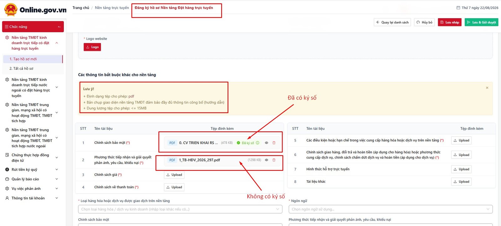 Upload tài liệu dành cho hồ sơ Thông báo