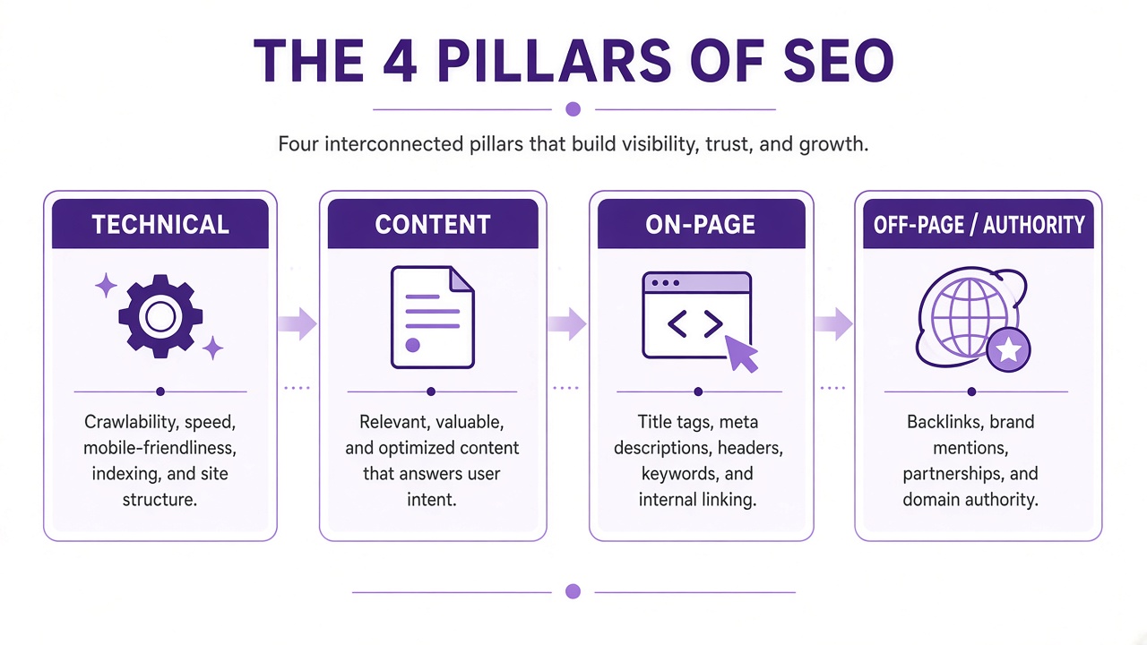 Bốn trụ cột dịch vụ SEO: Technical, Content, On-page và Off-page