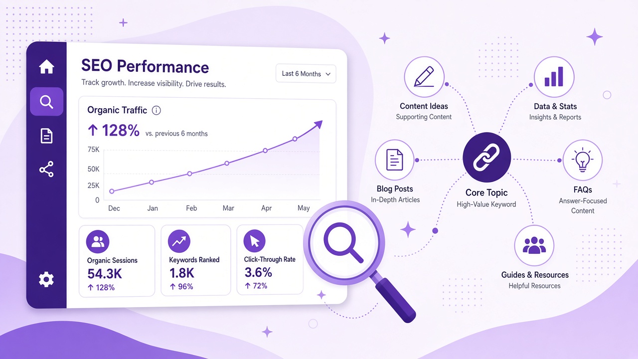 Minh họa dịch vụ SEO giúp website tăng trưởng organic traffic bền vững