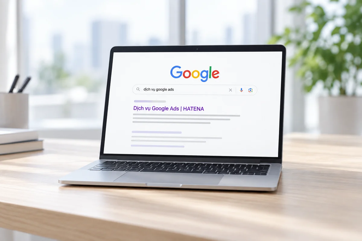Laptop minh hoạ kết quả tìm kiếm Google Ads của HATENA
