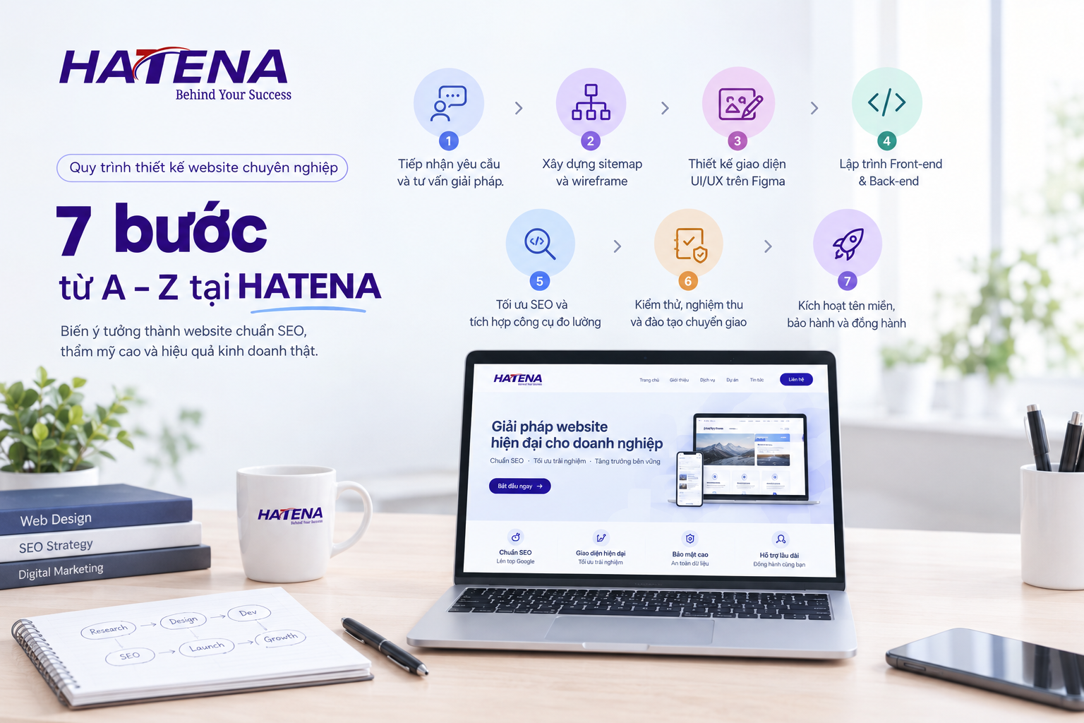 Sơ đồ 7 bước trong quy trình thiết kế website chuyên nghiệp tại HATENA