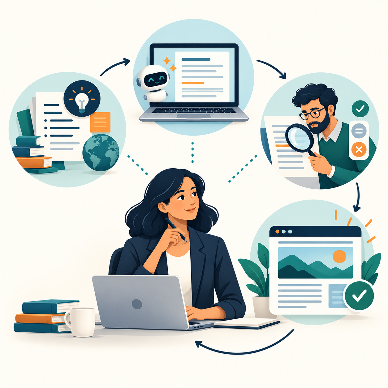 Quy trình biên tập nội dung SEO từ brief, bản nháp AI, chuyên gia kiểm chứng đến duyệt xuất bản.