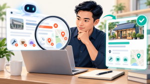Doanh nghiệp dùng kính lúp kiểm tra câu trả lời AI Search và hồ sơ doanh nghiệp.